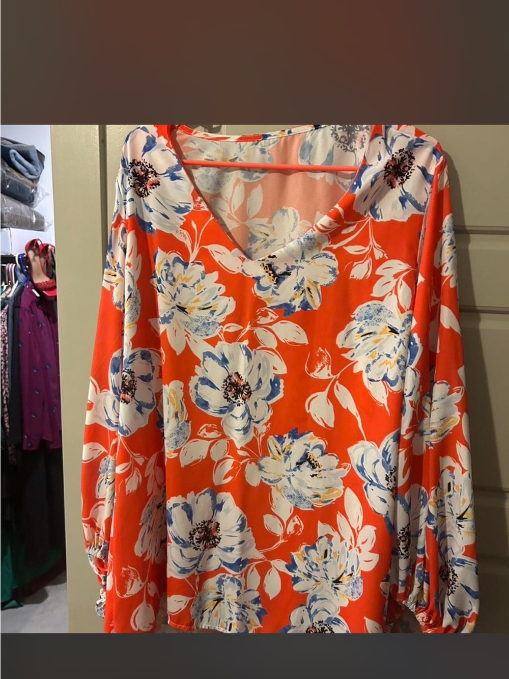 Floral V-Neck Long Sleeve Top in Bright Orange